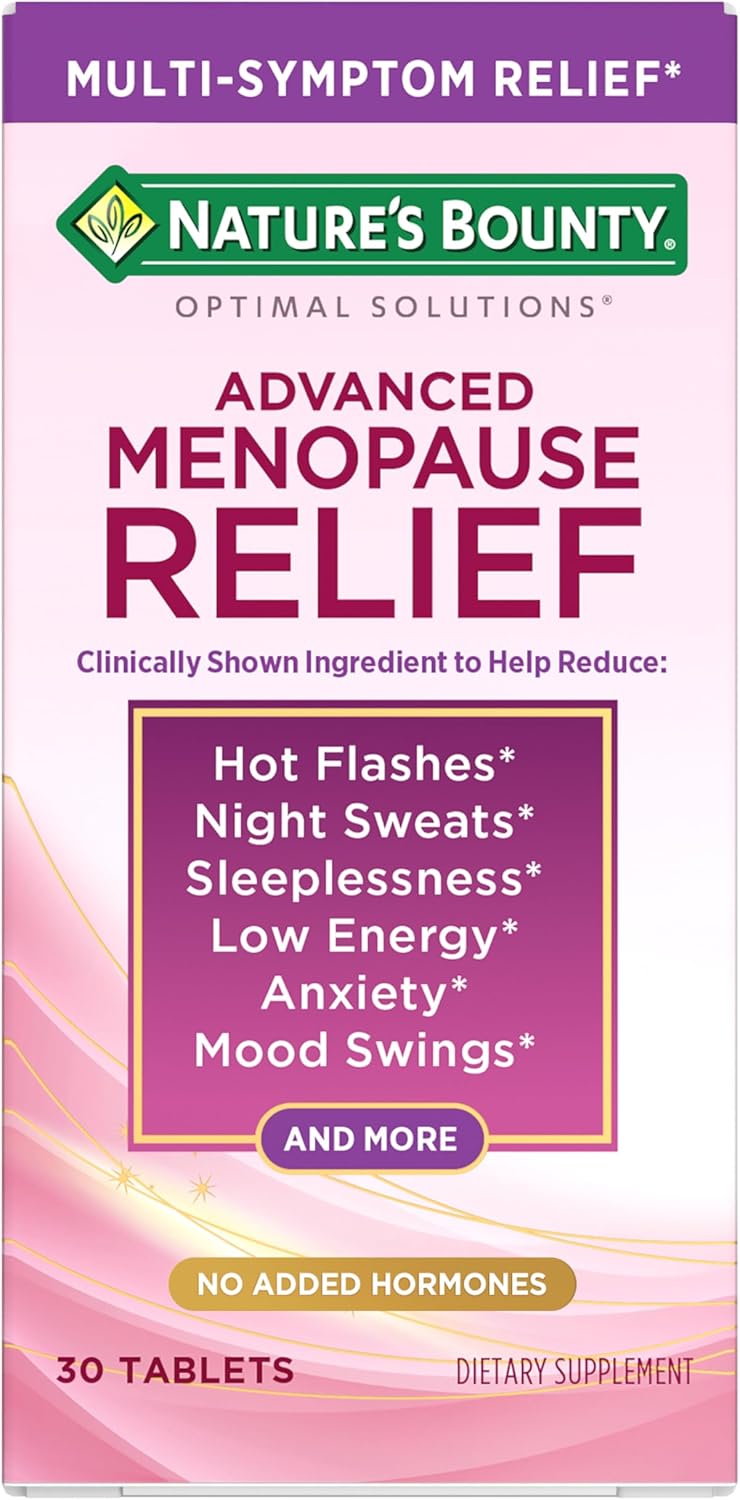 Nature’s Bounty Optimal Solutions Advanced Menopause Relief Supplements for Women with Hot Flash and Night Sweats, No added Hormones, Drug-Free, 30 Tablets, 30 Total Servings