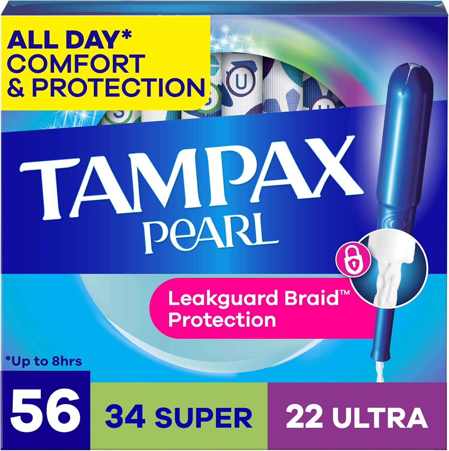 Tampax Pearl Tampons for Women Multipack, with LeakGuard Braid, Super/Ultra Absorbency, Unscented, 56 Count