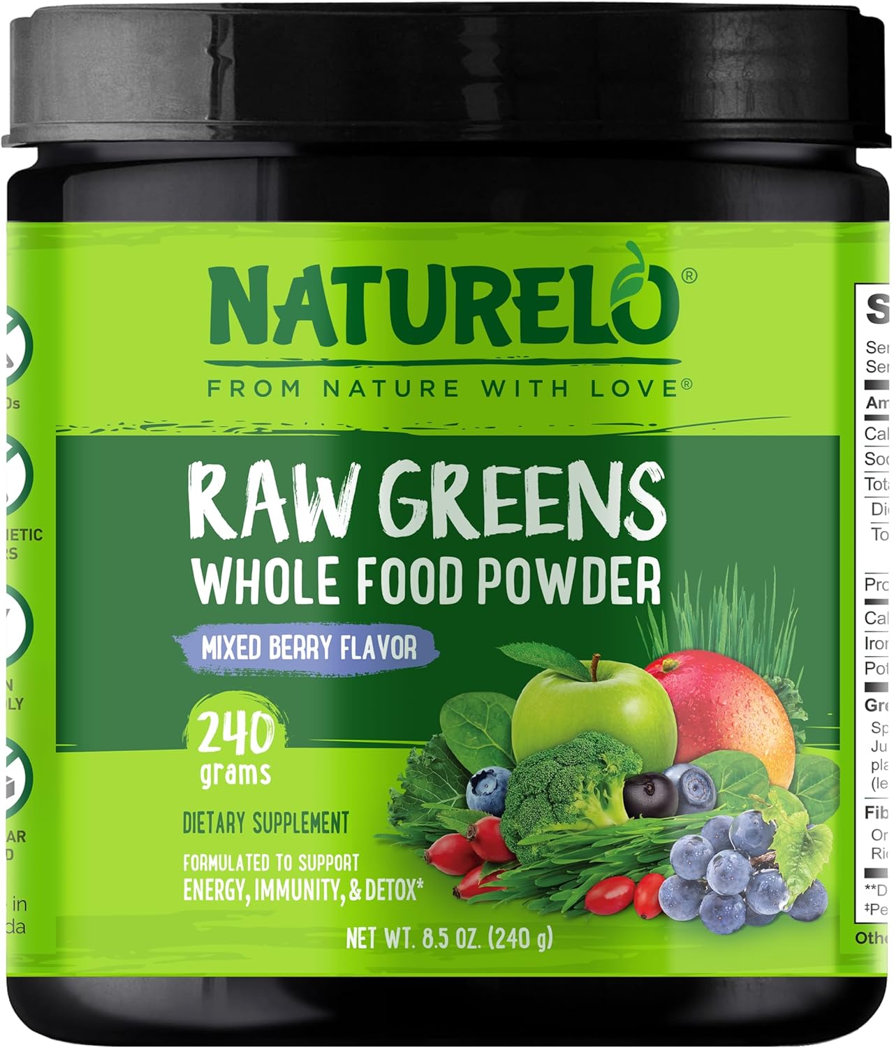 NATURELO Raw Greens Superfood Powder 240 Grams, Mixed Berry – Supports Energy, Immunity and Detox – Includes Spirulina, Wheat Grass and Organic Greens for Whole Food Nutrition