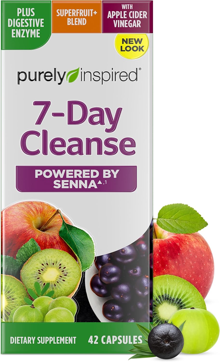 Purely Inspired 7-Day Detox Cleanse – Whole Body Cleanse & Detox Pills for Women & Men, Powered with Senna Leaf, Vitamin C, Apple Cider Vinegar, Digestive Enzymes & Probiotics – 42 Acai Berry Capsules