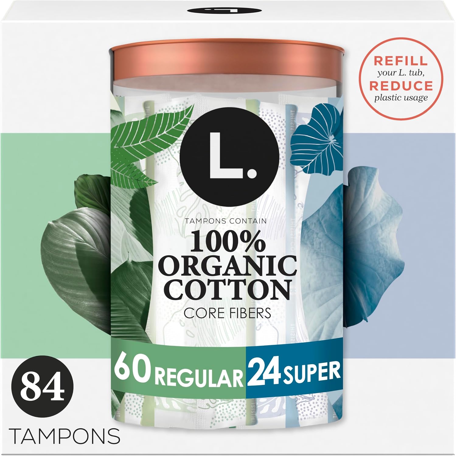 L. Cotton Tampons Regular/Super Absorbency Multipack, Contains an Organic Cotton Core, Made Without Synthetic Pesticides, or Fragrances, 84 Count (2 Packs of 42)