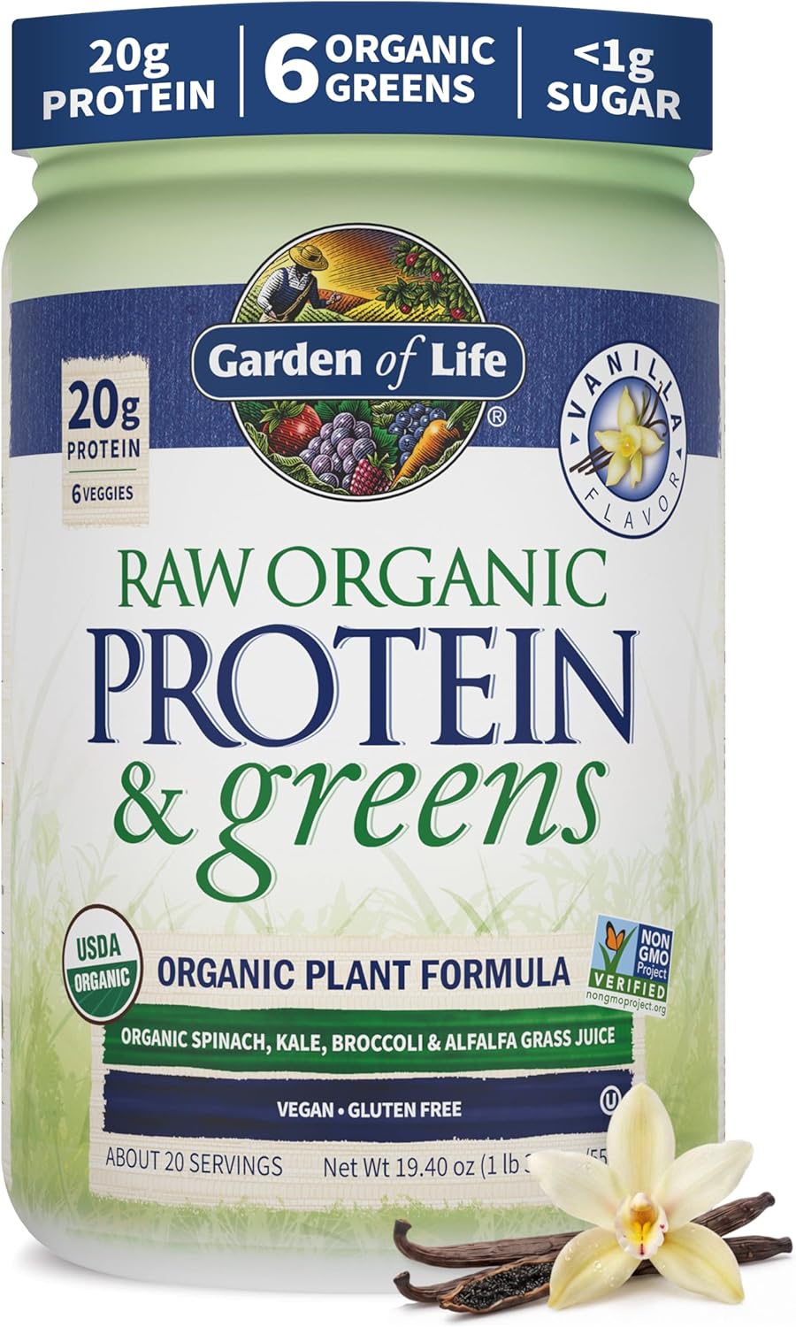 Garden of Life Raw Protein & Greens Vanilla Protein Powder – 20g Plant Based Greens Powder, Probiotics & Enzymes, Post-Workout Recovery, Vegan, Gluten-Free, Non-GMO, 20 Servings