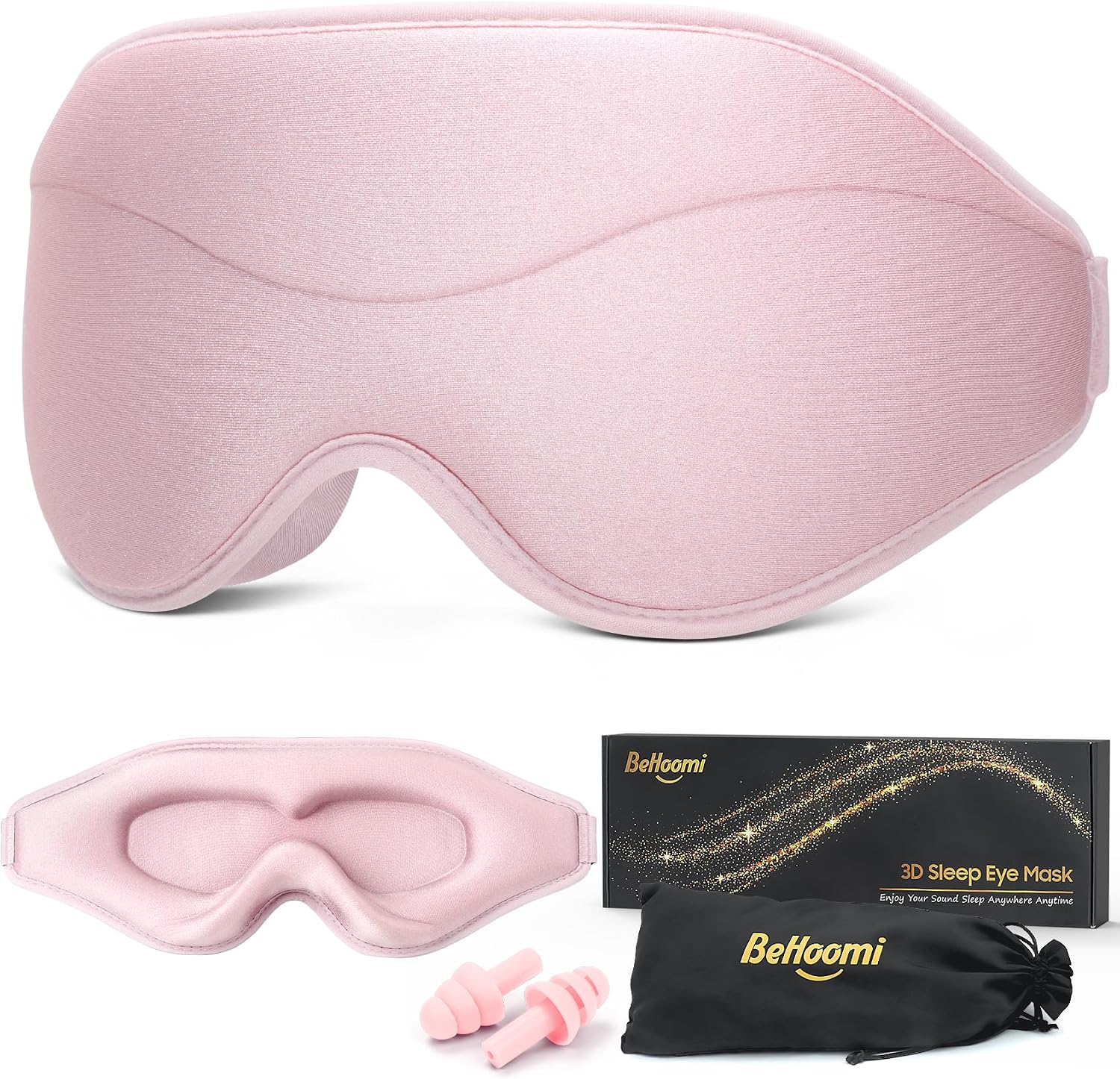 BeHoomi Sleep Mask, Premium Eye Mask for Sleeping, Total Blackout, Super Soft Comfort, Adjustable Fit, Upgraded 3D Ergonomic Designed Sleeping Mask for Home, Office, Travel, Meditation, Yoga, Pink