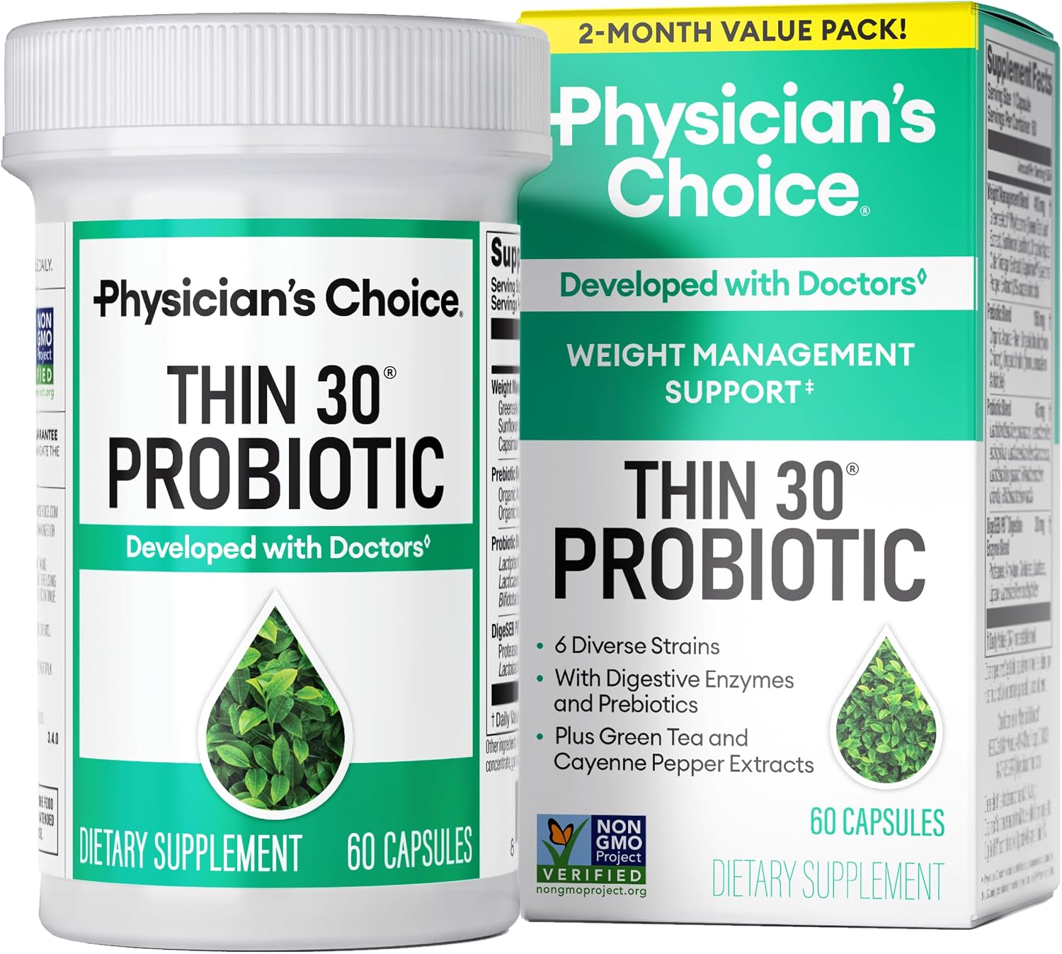 Physician’s CHOICE Probiotics for Weight Management & Bloating – 6 Probiotic Strains – Prebiotics – Key ingredient Cayenne – Supports Gut Health – Weight Management for Women & Men – Green Tea – 60 CT