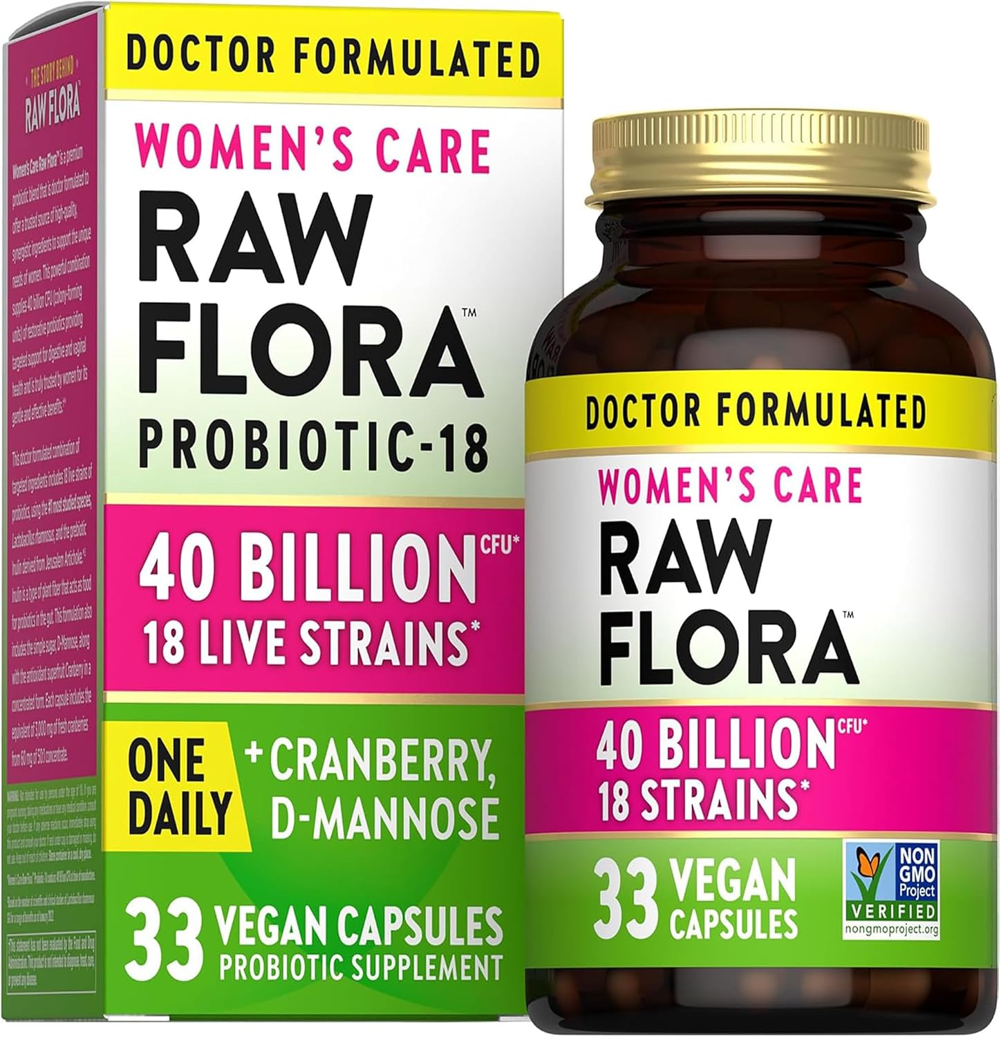 Raw Flora Probiotics for Women | with Prebiotic | 40 Billion CFU | Digestive, Vaginal & Gut Support | 33 Vegan Capsules with Cranberry and D-Mannose | Shelf Stable