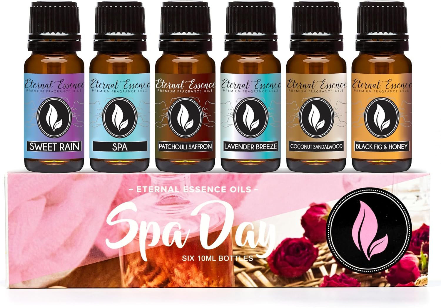 Eternal Essence Oils Spa Day Set of 6 Premium Fragrance Oils – Includes Lavender Breeze, Sweet Rain, Coconut Sandalwood, Black Fig & Honey, Patchouli Saffron, and Spa Scented Oils – 10ML