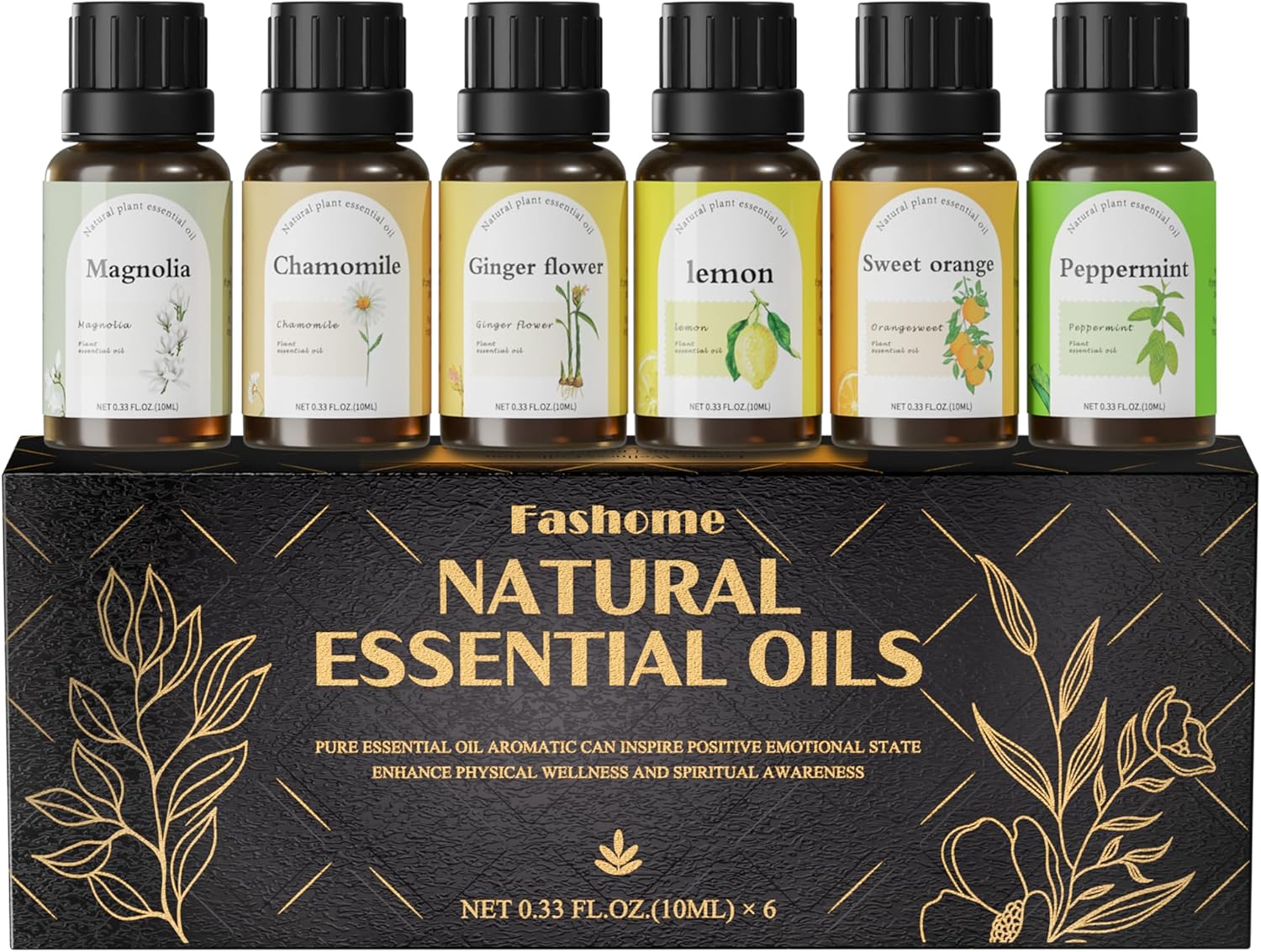 Fashome Essential Oils Set for Diffusers, 6 x 10ml Aromatherapy Oils | Mood Balance Blend for Energy, Focus & Relaxation | Peppermint, Lemon, Sweet Orange, Chamomile, Magnolia & Ginger Flower