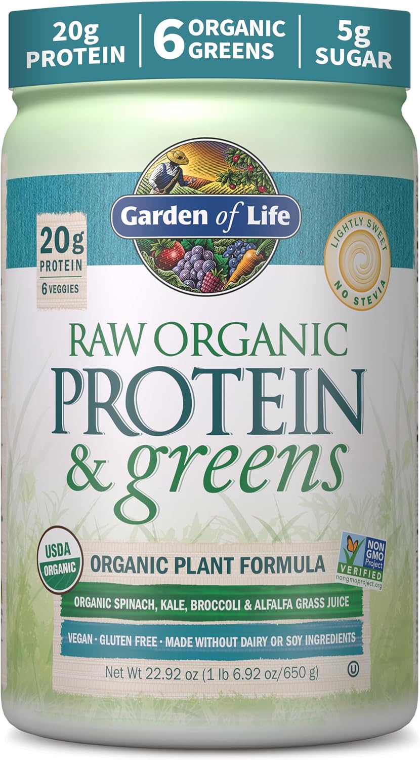 Garden of Life Raw Protein & Greens Lightly Sweet Protein Powder – 20g Plant Based Greens Powder, Probiotics & Enzymes, Post-Workout Recovery, Vegan, Gluten-Free, Non-GMO, 20 Servings