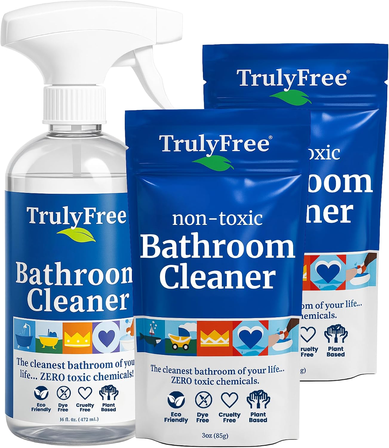 Truly Free All Natural Non-Toxic Bathroom Cleaner Spray Kit, Organic Bath & Tile Cleaning Solution for Toilet, Sink, Tub & Shower, 16 oz Reusable Empty Bottle + Two Fills, 3 oz ea.