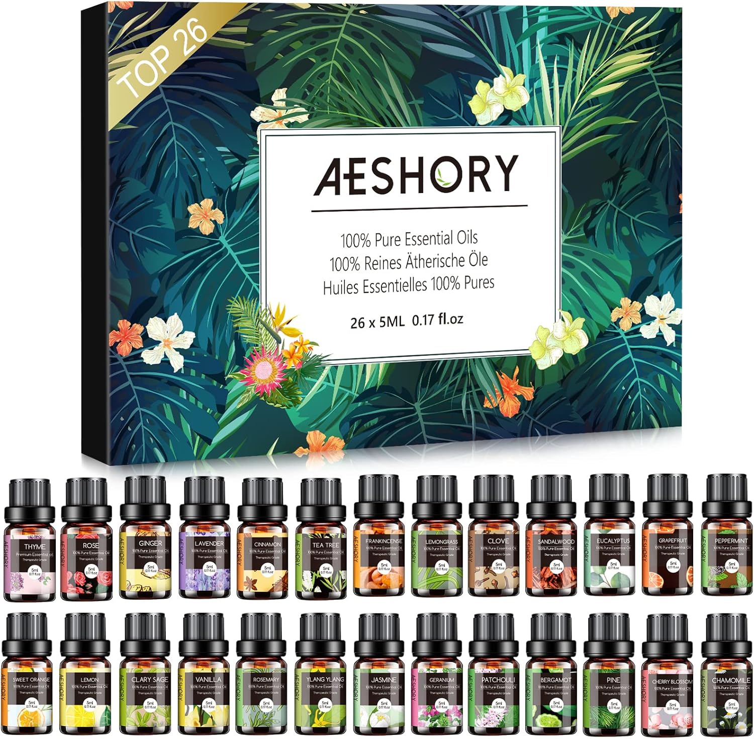Essential Oils Set – 26x5ml Pure Aromatherapy Essential Oils Kit for Diffuser, Massage, Skin & Hair Care, Candle Making – Lavender, Tea Tree, Eucalyptus, Sandalwood, Peppermint, Rosemary, Lemongrass