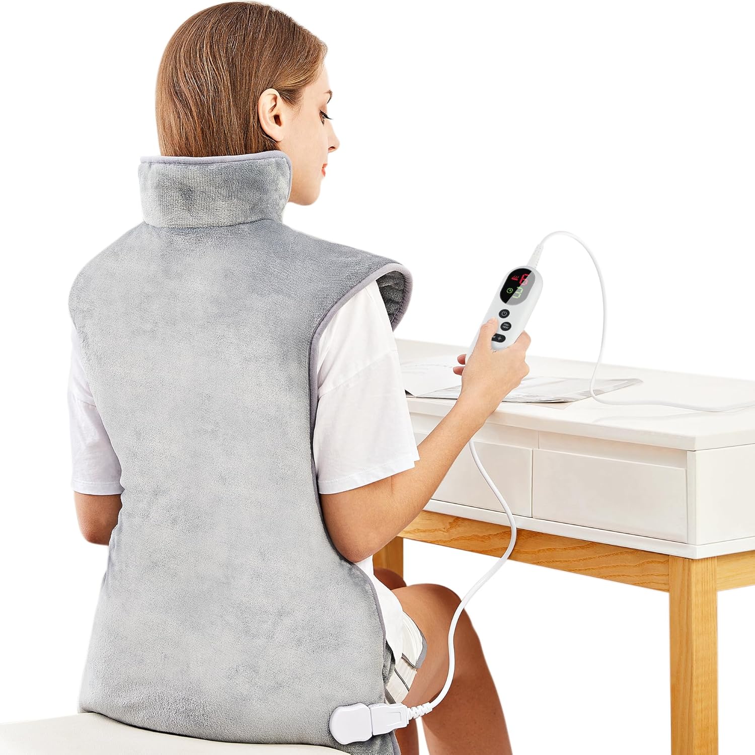 Mia&Coco Electric Heating Pad for Back Neck Shoulders Pain Relief, XL 23″x39″ Soft Flannel Wrap, Waist Strap, Fast Heat Hot Therapy 6 Heat Settings, Auto-Off Timer, Machine Washable, Grey