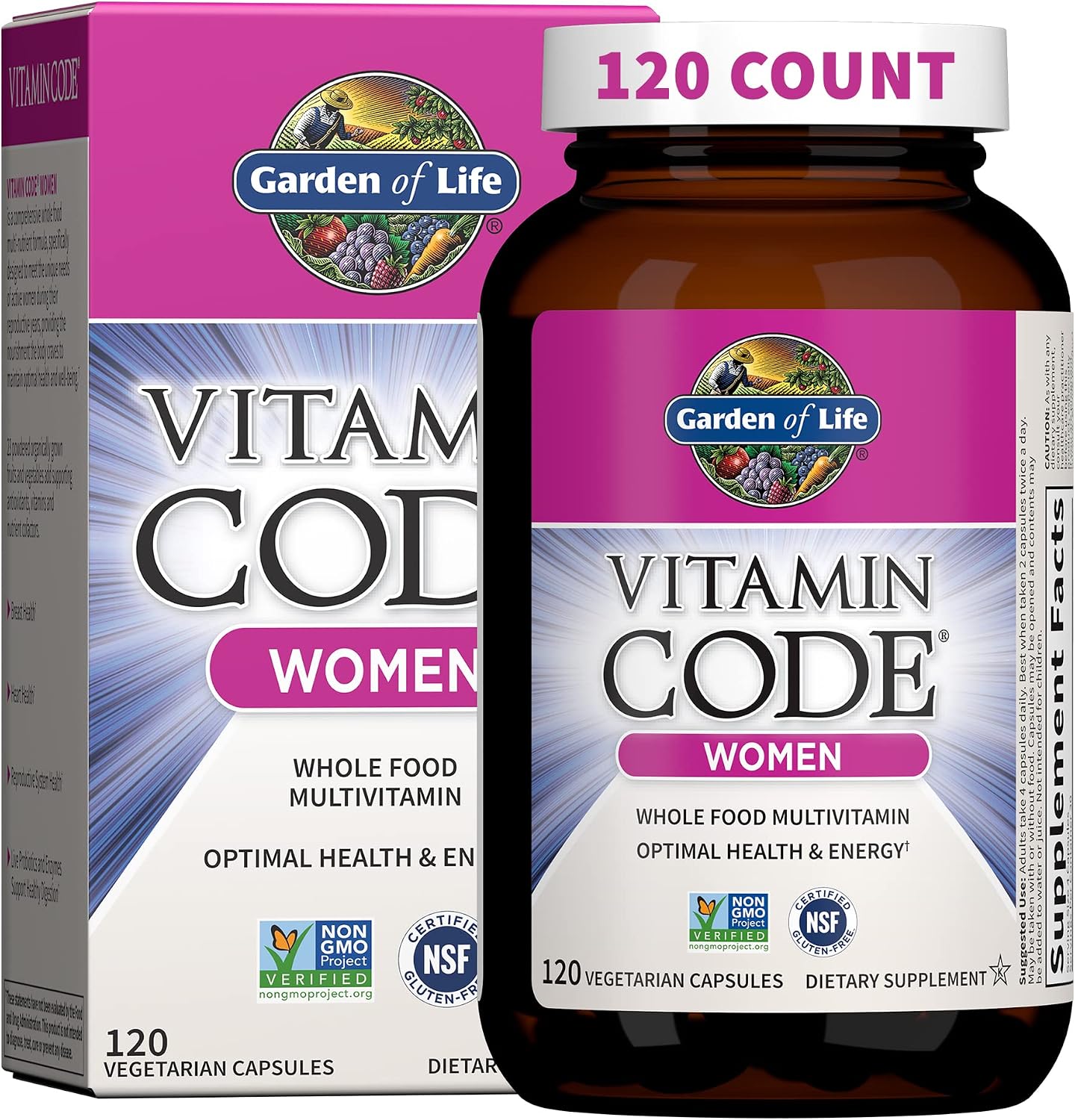 Garden of Life Vitamin Code Women’s Multivitamin with Iron and Folate – Whole Food Women’s Vitamins with Probiotics, Digestive Enzymes, Immune Support, Non-GMO, Gluten-Free, Kosher, 120 Capsules