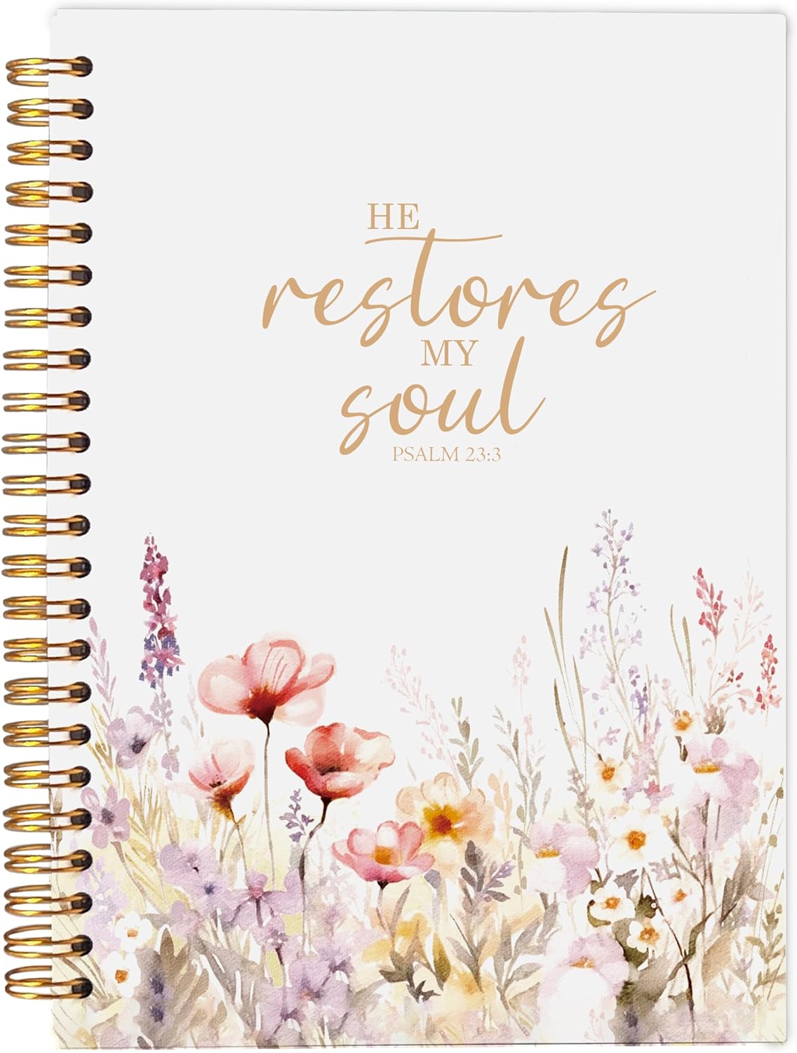 Christian Notebook for Women, Prayer Journal for Women, Bible Journaling Notebook, PSALM 23:3 He Restores My Soul Floral Spiral Notebook 5.5×8.3
