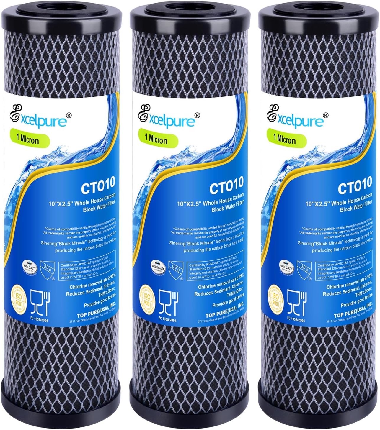 EXCELPURE 1 Micron 10″ x 2.5″ Whole House CTO Carbon Water Filter Cartridge Replacement for Home Countertop System, Dupont WFPFC8002, WFPFC9001, FXWTC, SCWH-5, WHEF-WHWC, WHCF-WHWC, CTO10, T01, 3PACK