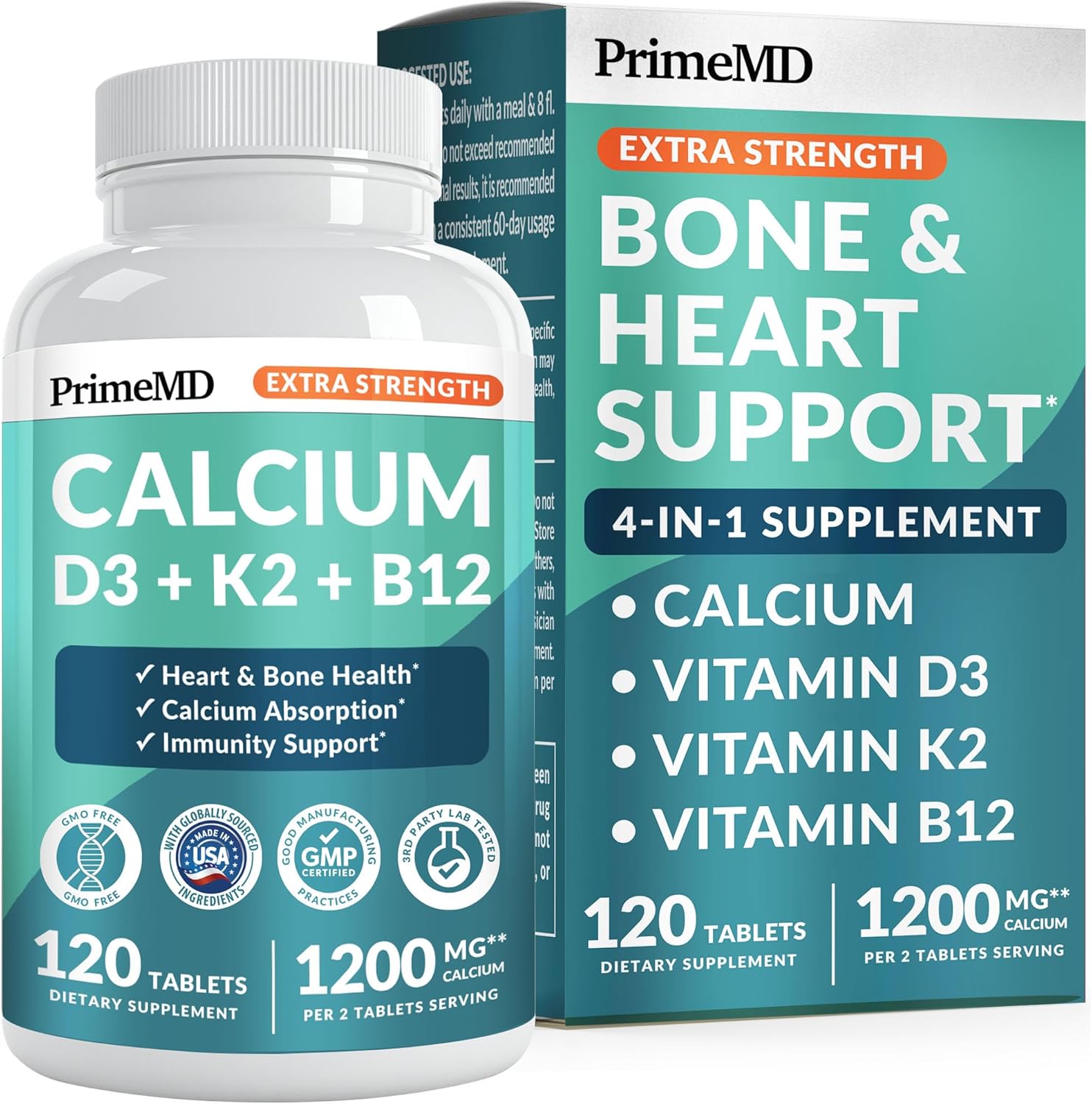 4-in-1 Calcium 1200 mg with Vitamin D3 K2 – Extra Strength Calcium Supplements for Women & Men with D3 K2 Vitamin 5000 IU – Everyday Vitality Supplement – Vegan-Friendly, Gluten-Free, Non-GMO (120ct)