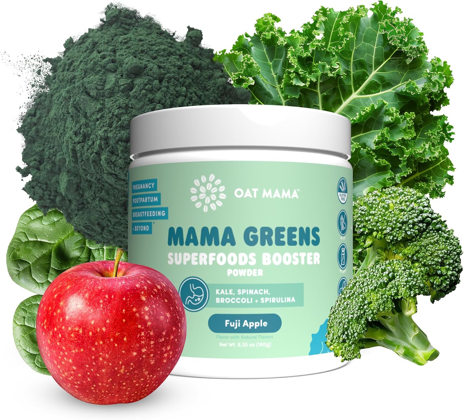 Oat Mama ‘Mama Greens’ Superfoods Booster – Fuji Apple Flavor – Greens Powder with Kale, Spinach, Broccoli, & Spirulina – Nutrient-Rich Support for Pregnancy & Postpartum – 30 Servings (180g)