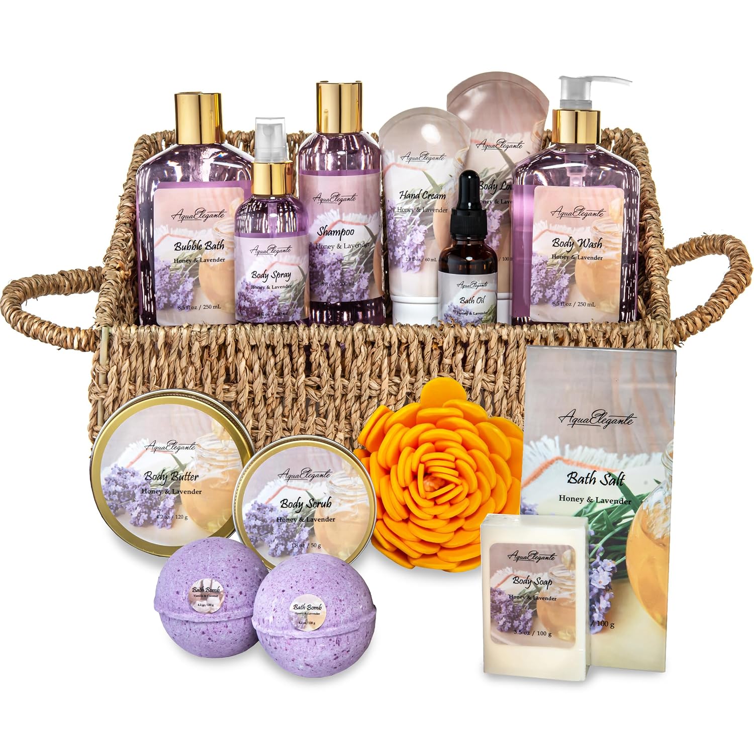 Aqua Elegante Bath Spa Gift Set – 15 Piece Premium Basket with Wash, Bubble Bath, Lotion, Salts, Body Scrub, Towel, Shower Puff, Bathbombs, Reusable Basket, Gifts for Women – Honey & Lavender
