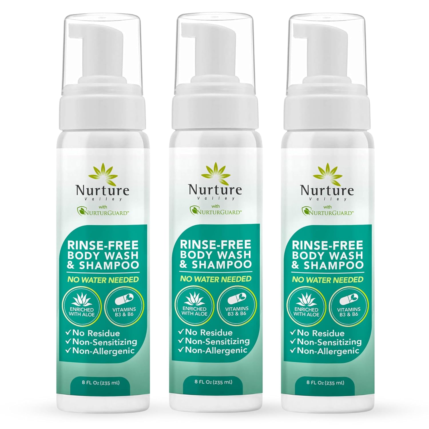 Nurture Rinse Free Body Wash & Shampoo with Aloe | Hospital Grade Hair & Body Waterless Cleansing Foam for Women, Camping, Elderly & Hospital Patients | Shower Bath & Hand Soap for Sensitive Skin