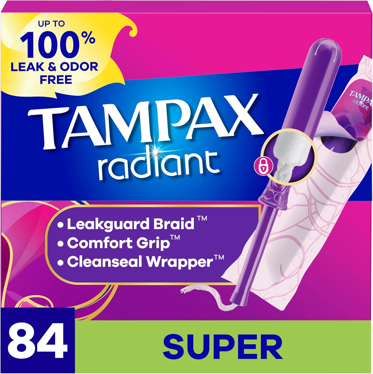 Tampax Radiant Tampons for Women, with LeakGuard Braid, Super Absorbency, Unscented, 84 Count (3 Packs of 28), Packaging May Vary
