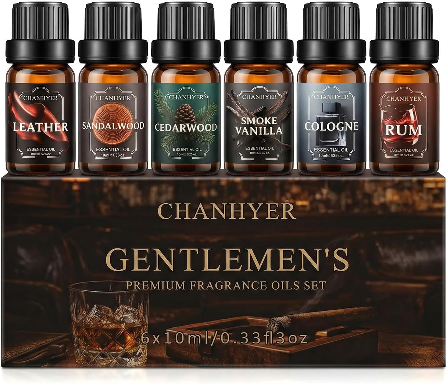 Essential Oils for Diffusers for Home Gentlemen’s Set Fragrance Scents 6x10ml-Leather,Sandalwood,Cedarwood,Smoke Vanilla,Cologne,Rum for Aromatherapy,Humidifiers&Massage
