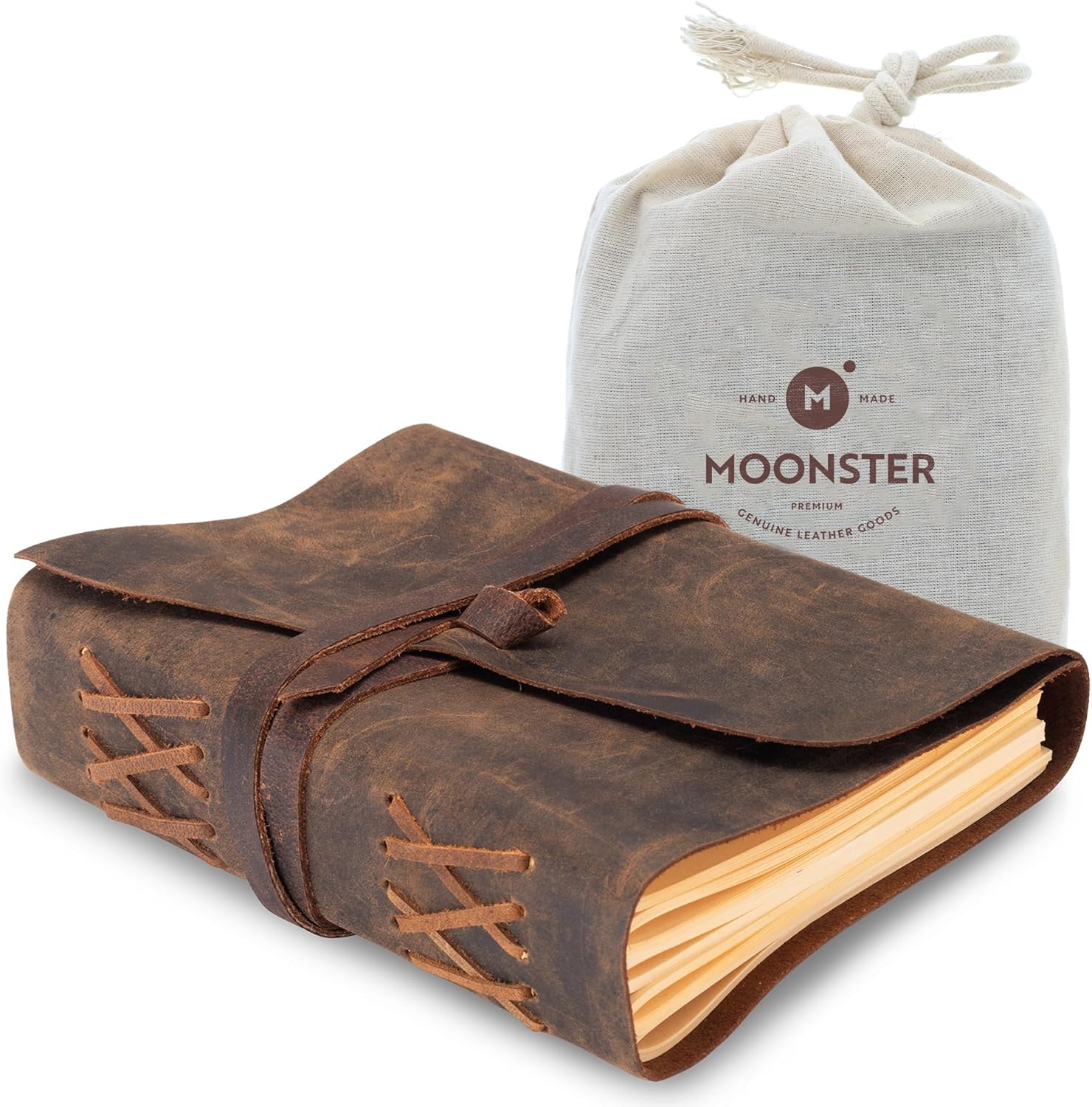 Leather Journal Lined Notebook Paper – MOONSTER® Leather Bound Journals for Writing for Women & Men, 18x13cm Ruled Small Notebooks, Kraft Paper with 400 pages, Lined Paper College Ruled & Travel Size