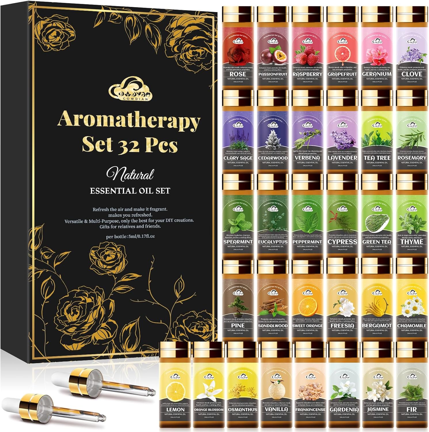 Essential Oil Set, 32 Pcs Fragrance Aromatherapy Oils for Skin, Diffusers, Home Care, Humidifier Laundry, Candle Making – Tea Tree, Sandalwood, Lavender, Vanilla, Eucalyptus and More(5mL)