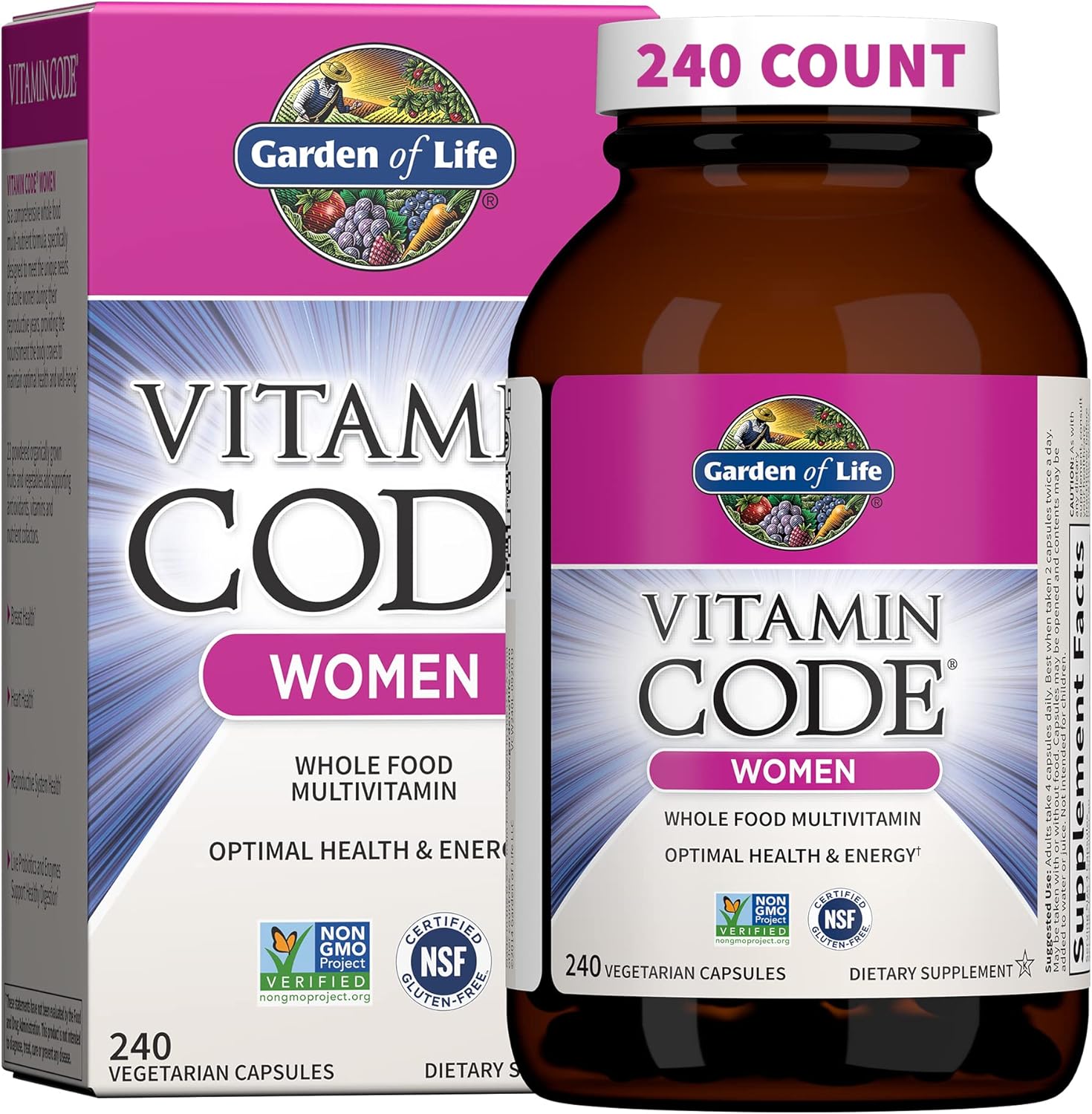 Garden of Life Vitamin Code Women’s Multivitamin with Iron and Folate – Whole Food Women’s Vitamins with Probiotics, Digestive Enzymes, Immune Support, Non-GMO, Gluten-Free, Kosher, 240 Capsules