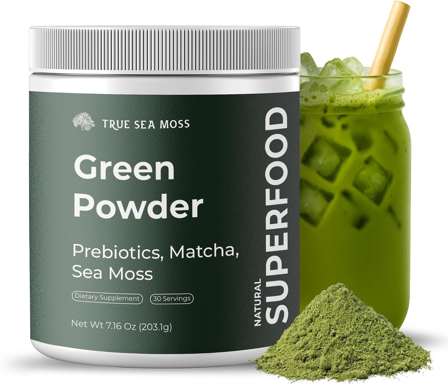 TrueSeaMoss Super Greens Powder with Matcha for Digestive & Gut Health – 25 Superfoods with Probiotics, Prebiotics, Enzymes & Sea Moss – Vegan Superfood Powder for Bloating & Regularity – 30 Servings