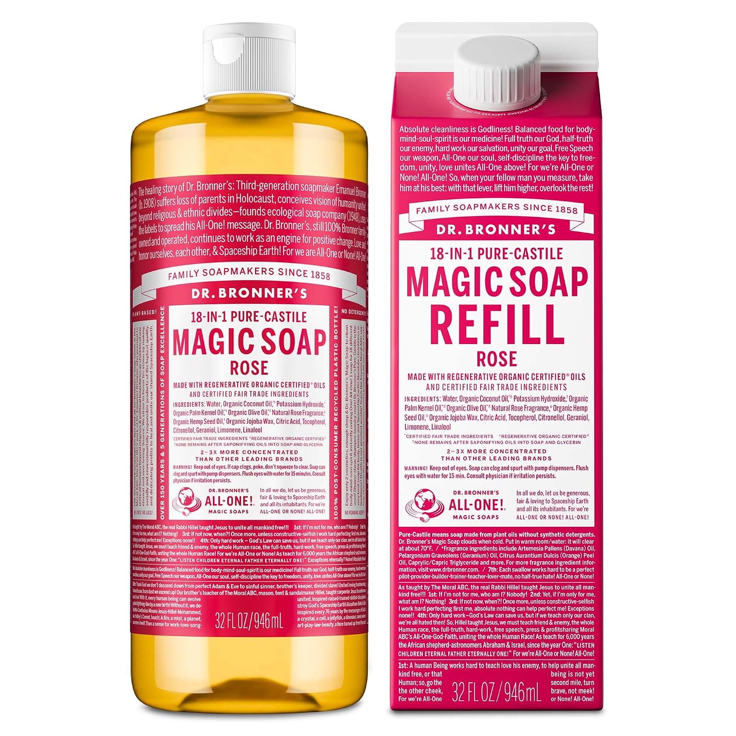 Dr. Bronner’s Pure-Castile Magic Soap Liquid- Made with Regenerative Organic Certified Oils- For Body, Face, Hair, Dishes, Laundry, Vegan Bath Soaps for Men & Women, Non-GMO – Rose, 32oz + Refill