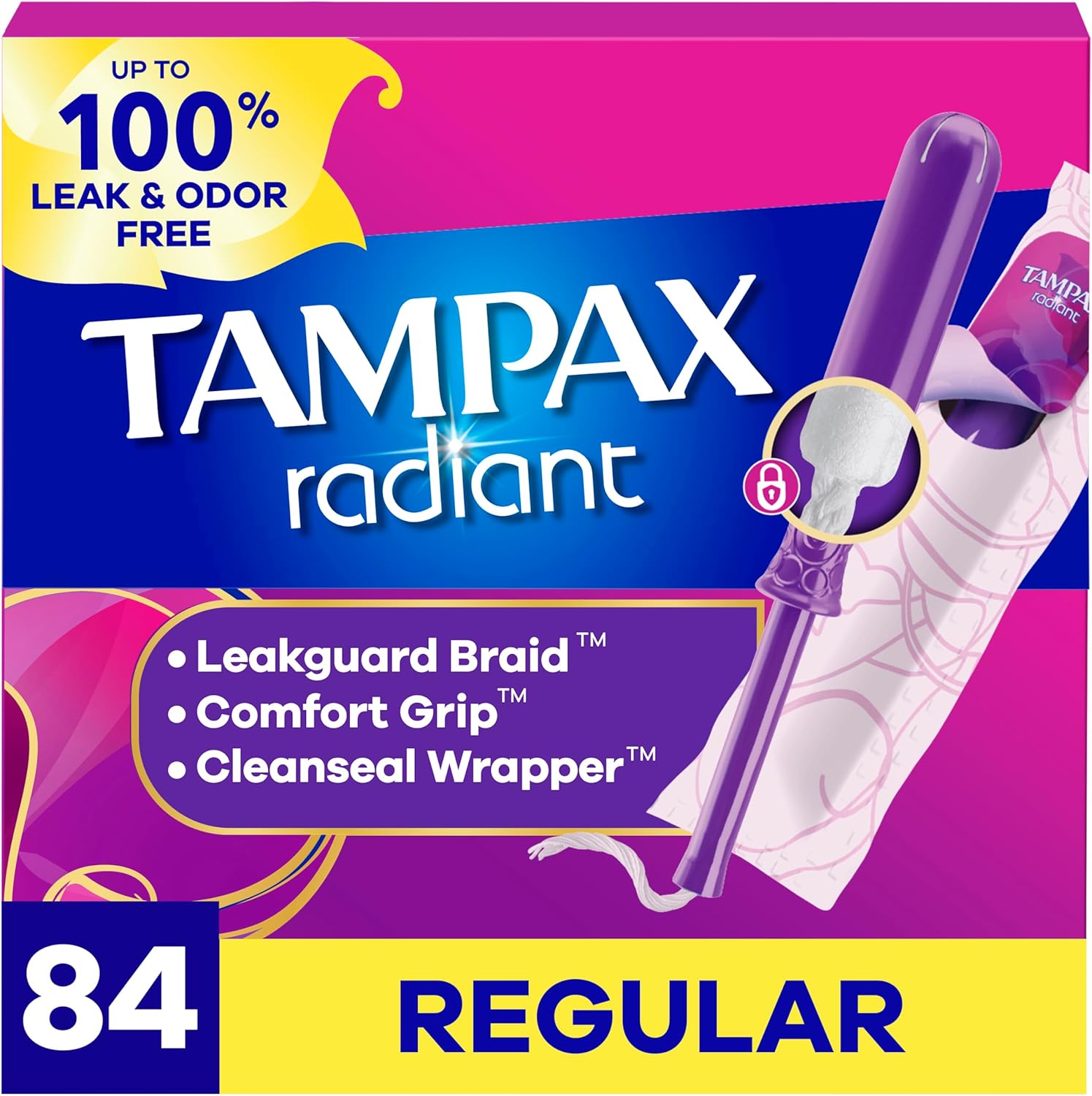 Tampax Radiant Tampons for Women, with LeakGuard Braid, Regular Absorbency, Unscented, 84 Count (3 Packs of 28), Packaging May Vary