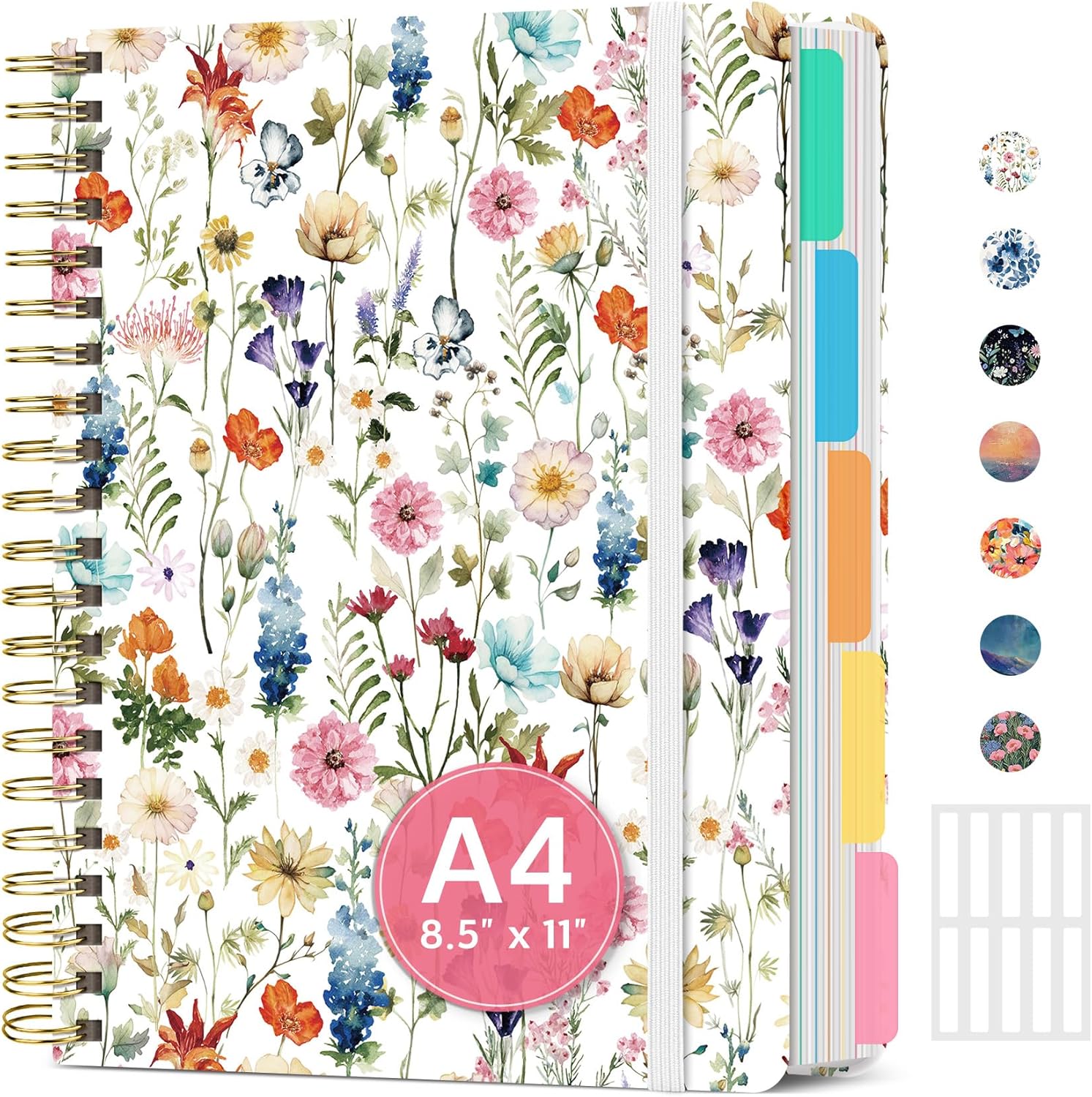 Large Spiral Lined Notebooks for Work with Removable Dividers & Tabs, 8.5″x11″ Pretty Hardcover 5 Subject Notebook Journal for Women, College Ruled, Perfect for Study & Office Organization, 280 Pages,Wildflowers