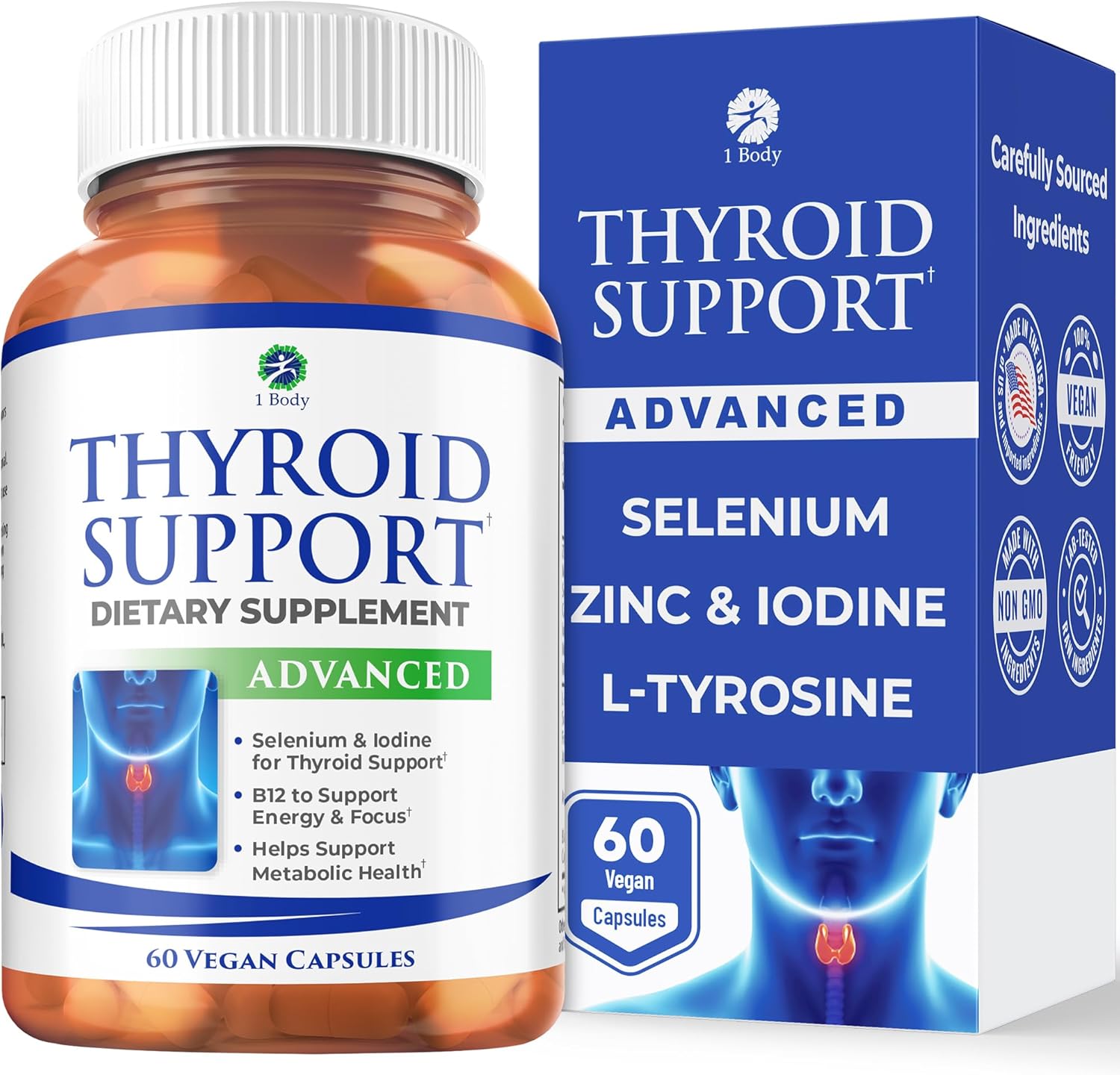 1 Body Thyroid Support Supplement for Women and Men, Selenium with Iodine, Zinc, B12, Ashwagandha and L-Tyrosine, Supports Hormone Health, Energy and Metabolism, 30 Day Supply | Low Energy, Brain Fog, Feeling Off? Designed to support healthy thyroid function and everyday vitality.