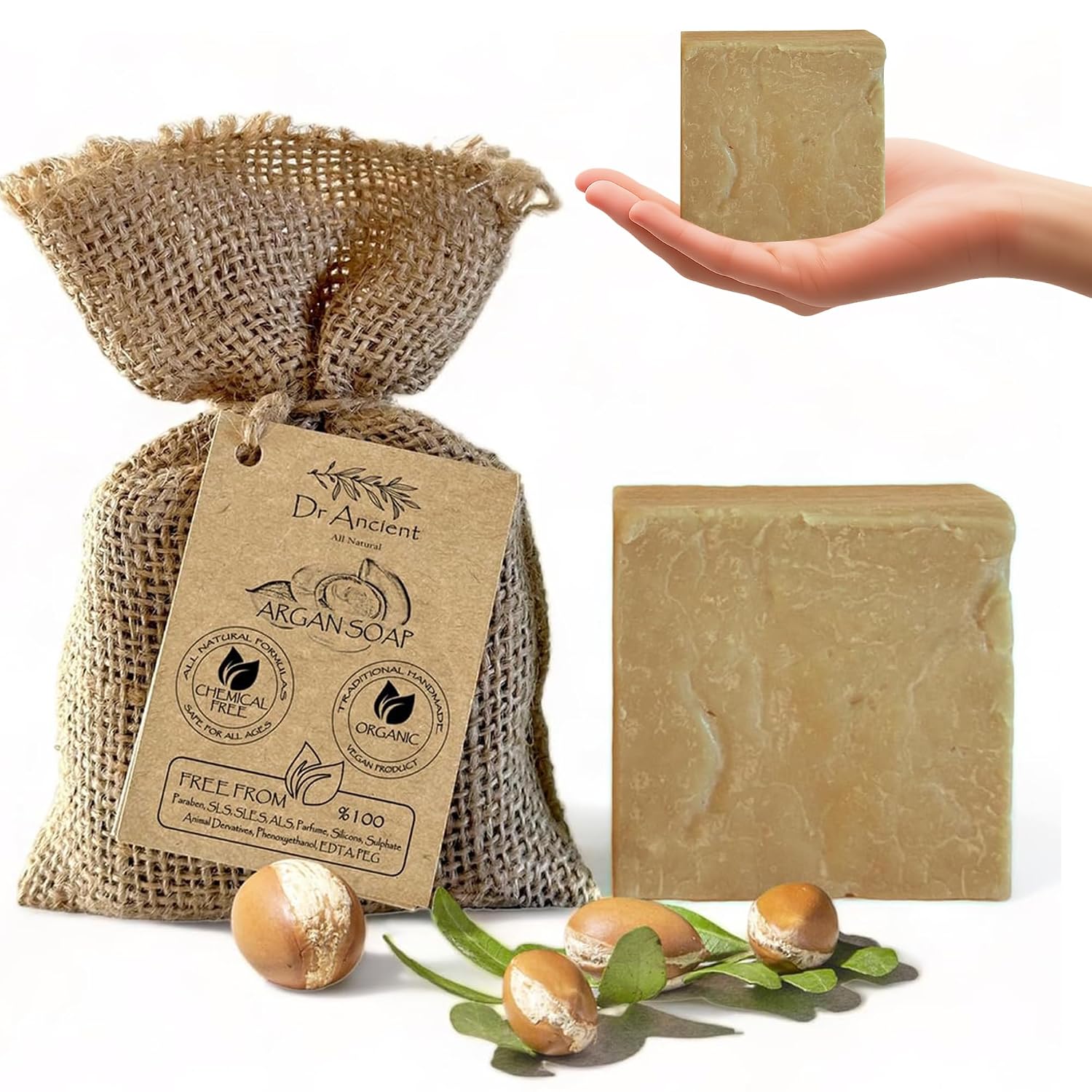 Dr.Ancient Argan Soap Bar, Organic Soap Bars Handcrafted the Traditional Way, Natural Chemical-Free, Vegan, Used for Face Wash, Body Wash, Hand Cleansing and Daily Skin Care, Gentle Cleanser