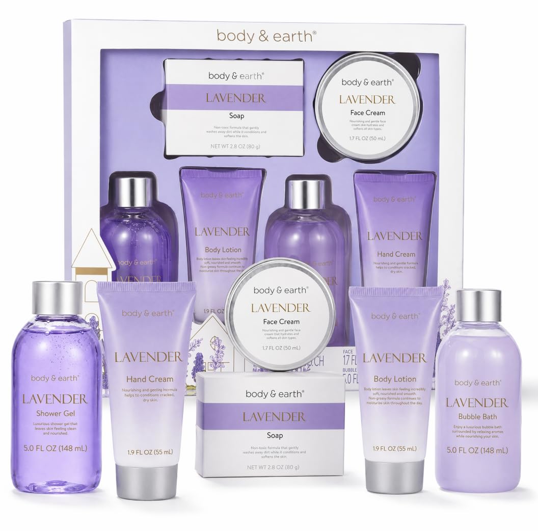 BODY & EARTH Bath and Body Gift Box for Women- 6 Pcs Lavender Bath Kit for Women Spa Set, Birthday, Mother’s Day Gift Set Includes Bubble Bath, Shower Gel, Body Lotion