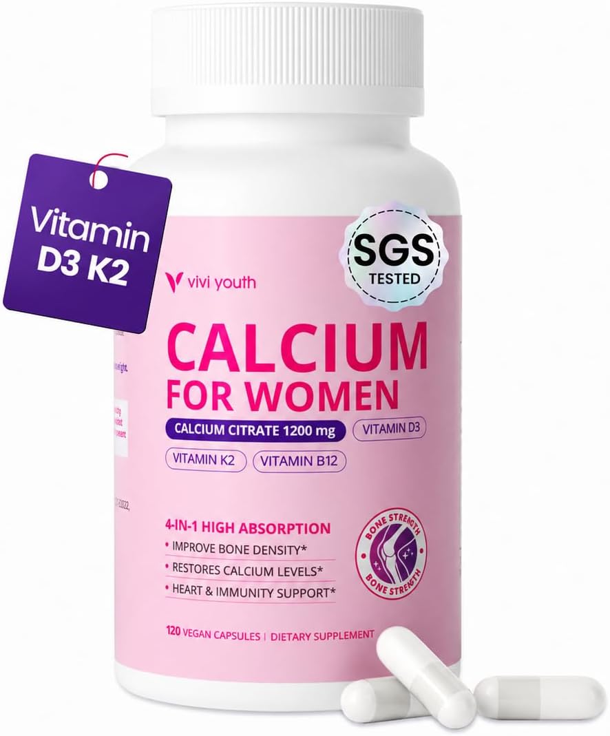 Calcium Supplements for Women – 4-In-1 Calcium Citrate 1200 mg with Vitamin D3 K2, B12 – High Absorption Calcium Citrate & Carbonate for Bone Density & Strength, Non-GMO, 120 Vegan Capsules