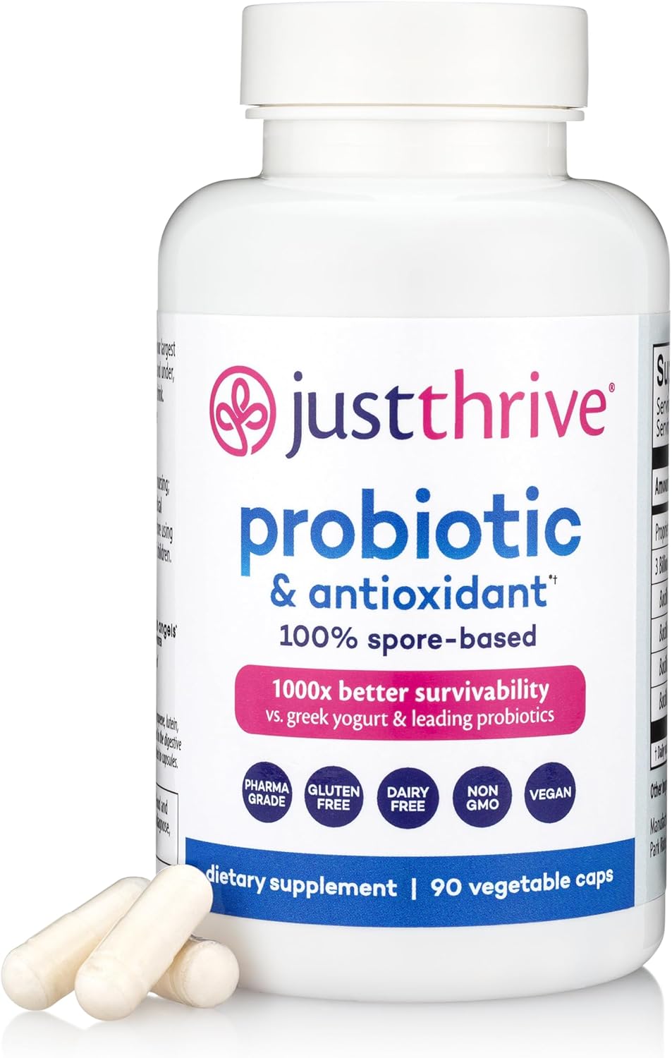 Just Thrive Probiotic & Antioxidant Supplement – 100% Spore-Based Digestive and Immune Support – Gluten Free, 90 Caps