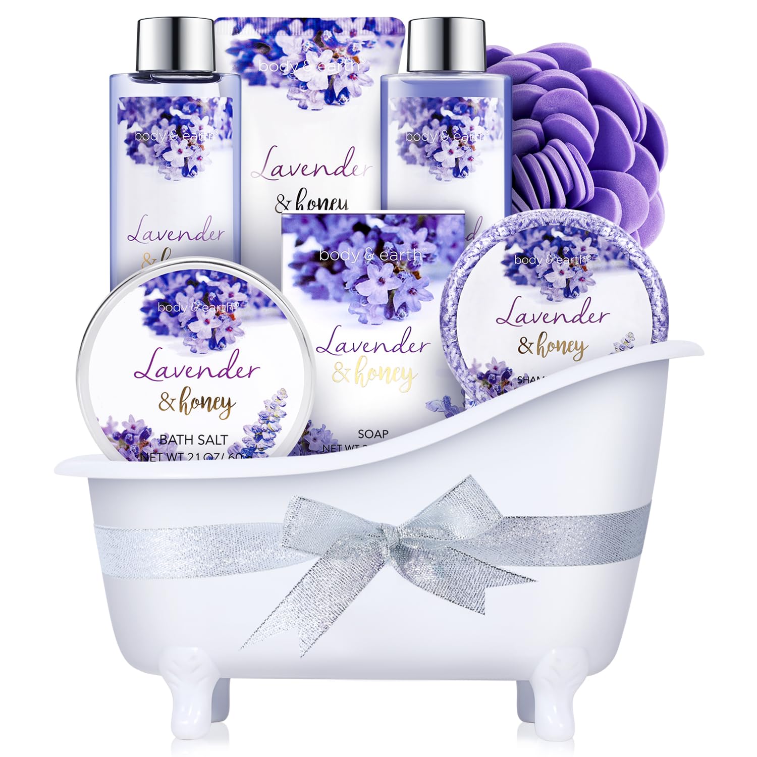 Bath and Body Gift Set – Lavender Gifts for Women, Body & Earth Bath & Shower Sets, 8 Pcs Lavender Honey Gift Sets with Bubble Bath, Lotion Set, Soap, Spa Kit for Women, Christmas Gifts for Mom