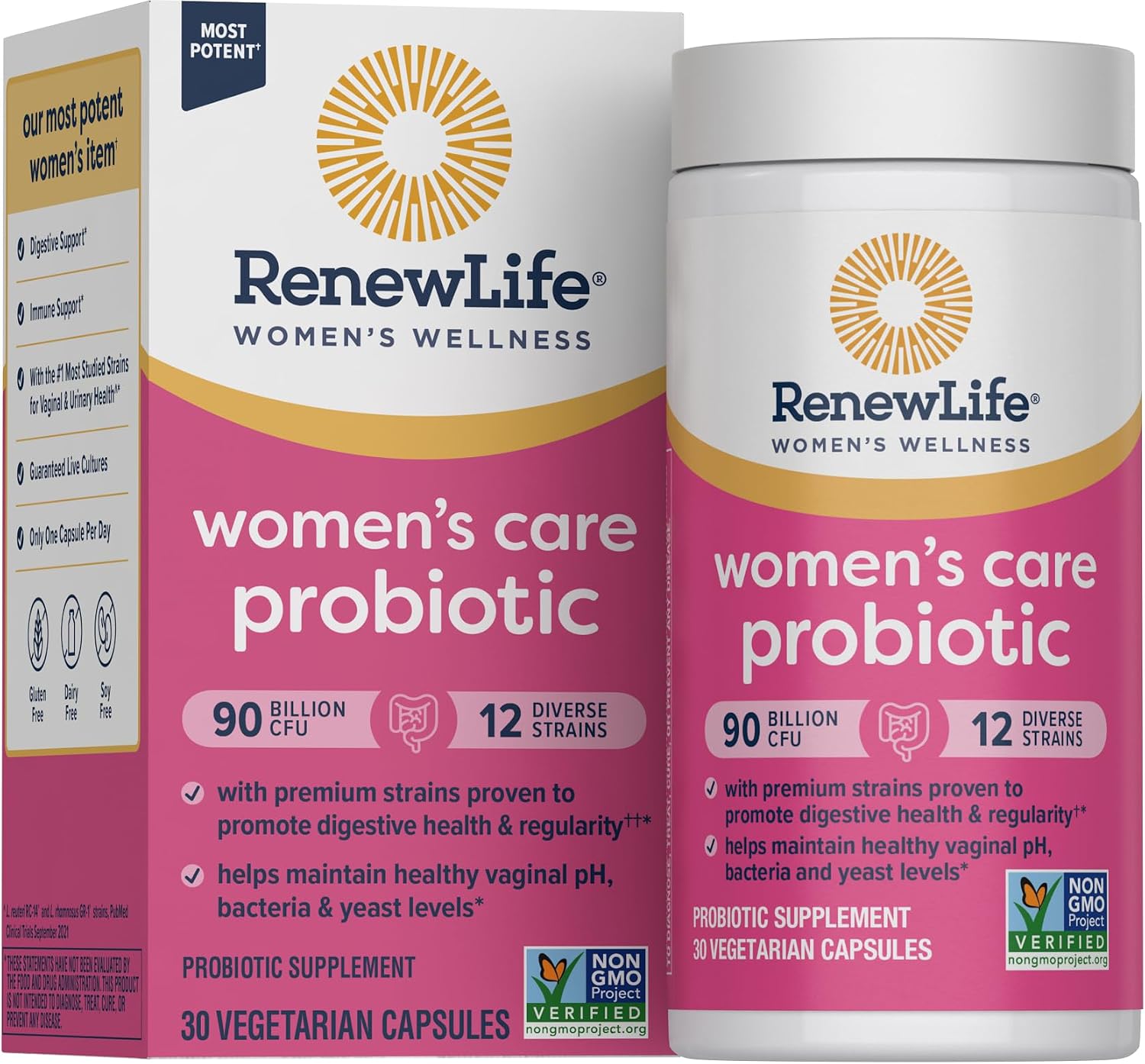 Renew Life Women’s Probiotic Capsules, Supports pH Balance for Women, Vaginal, Urinary, Digestive and Immune Health, L. Rhamnosus GG, Dairy, Soy and Gluten-Free, 90 Billion CFU – 30 Ct