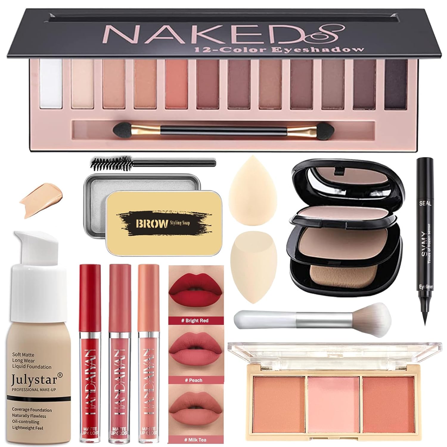 All in One Makeup Kit Full 12 Colors Naked Eyeshadow,2 Color Compact Powder,Liquid Foundation,Lipsticks, Blush,Eyebrow Soap,Winged Eyeliner Stamp,Makeup Gift Set for Women, Teens & Girls(Naked)