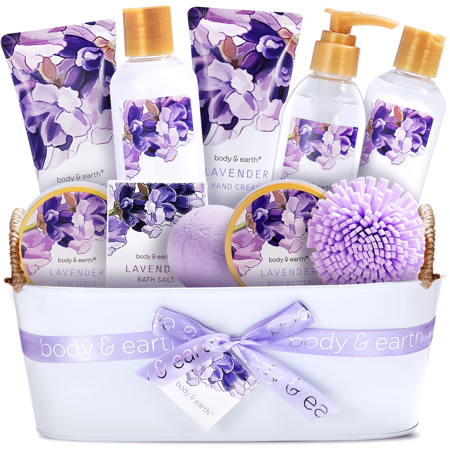 BODY & EARTH Lavender Spa Gift Baskets for Women Luxurious Gifts for Women Bath and Body Gift Sets 11pcs Bath Sets for Women Gift Mother’s Day Gifts