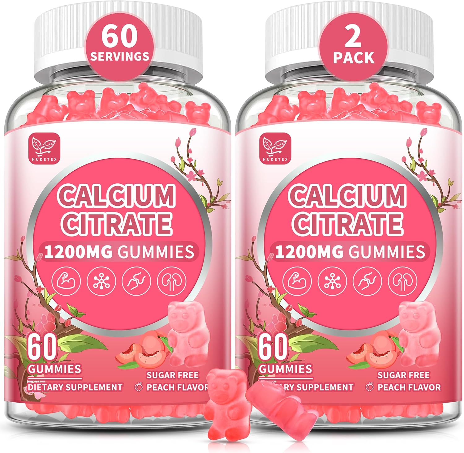(2 Pack) Pure Calcium Citrate Gummies 1200 mg for Women & Men,Calcium Citrate Supplements,High Absorption for Bone Muscle Healthy – Easy to Digest, Sugar Free,Vegan,Peach Flavor,60 Day Supply