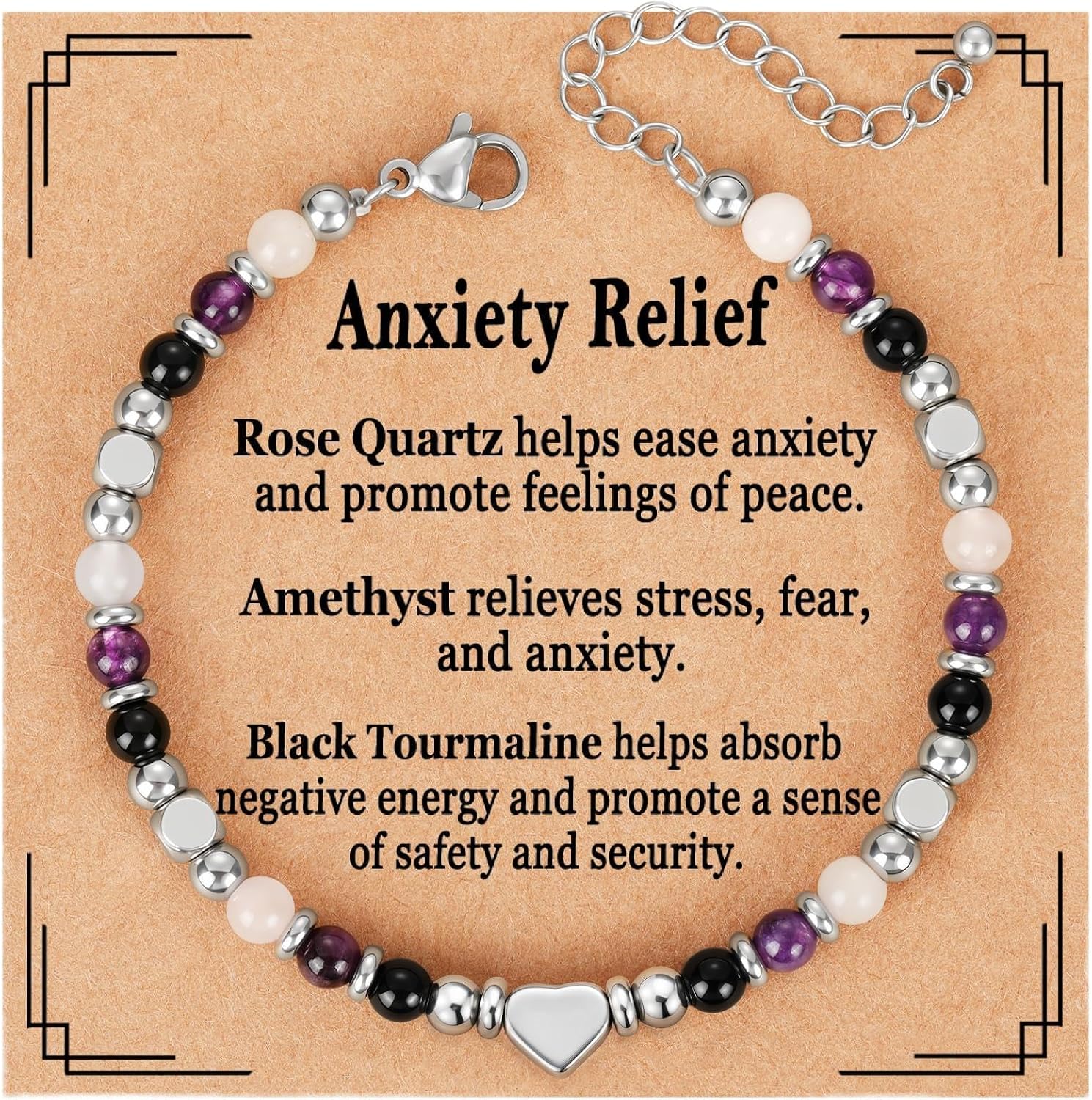 Natural Healing Crystal Bracelet for Women, Anxiety Relief Triple Protection New Beginnings Good Luck Empath Protection Jewelry Gift for Friends Mom 6.5+2 Inches
