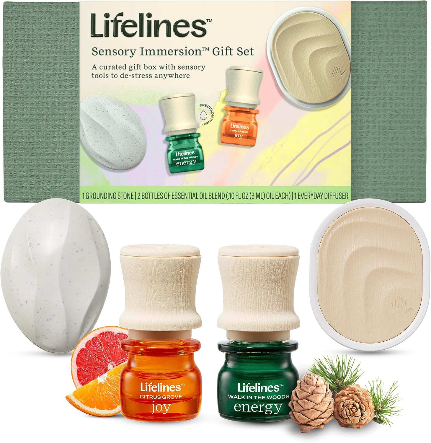 Lifelines Sensory Immersion Gift Set – Includes Everyday Aromatherapy Diffuser, Fidget Grounding Stone & 2 Essential Oil Blends – Unique Sensory Gifts for Women & Men