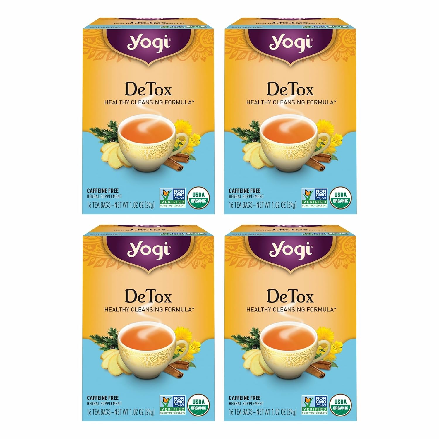 Yogi Tea DeTox Tea – 16 Tea Bags per Pack (4 Packs) – Organic Detox Tea for Digestive & Circulation Support – Includes Burdock, Dandelion, Ginger Root, Black Pepper, Cardamom & Juniper Berry