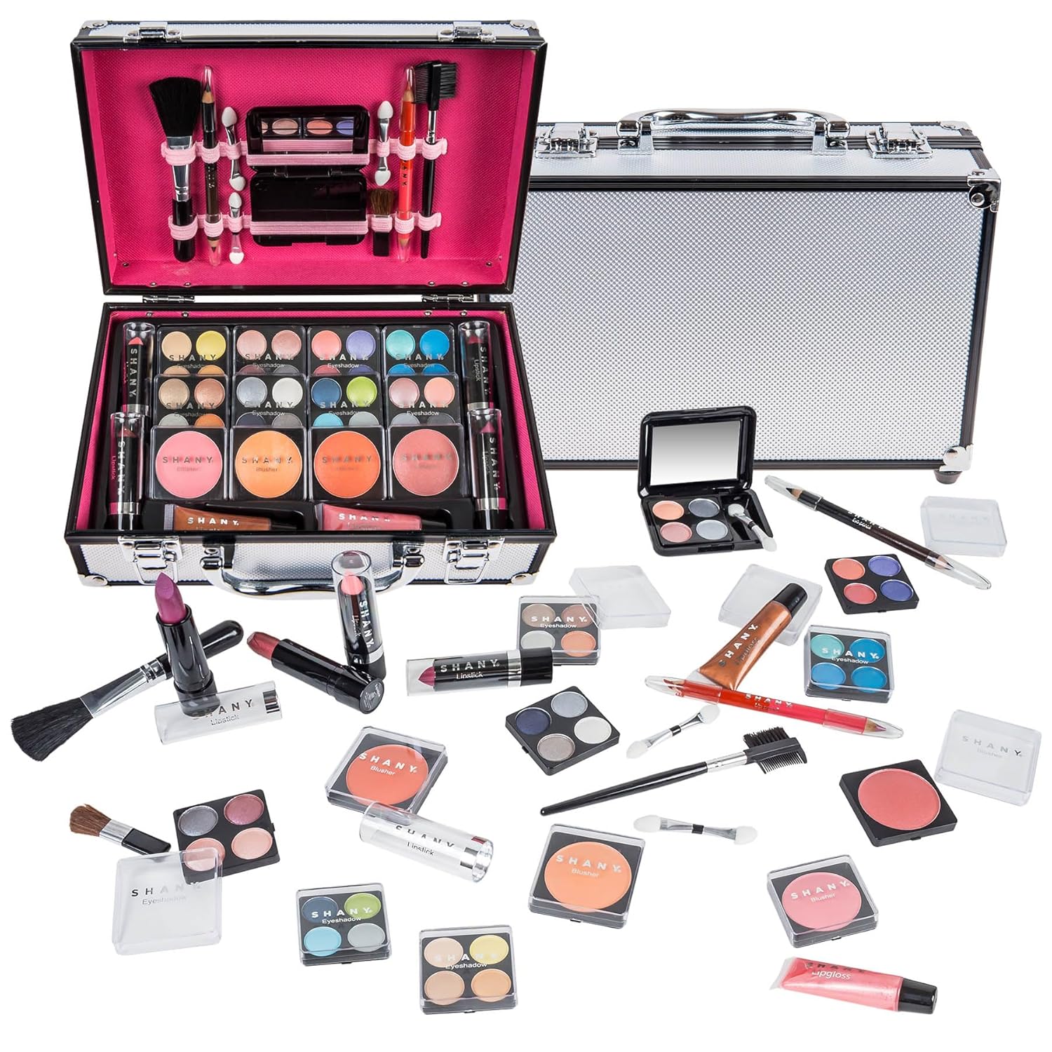 SHANY Carry All Make up Train Case with Pro Makeup Set, Beauty Brushes, Lipsticks, Eye Shadows, Blushes, Powders, and more – Reusable Cosmetics Storage Organizer – Premium Gift Packaging – Silver